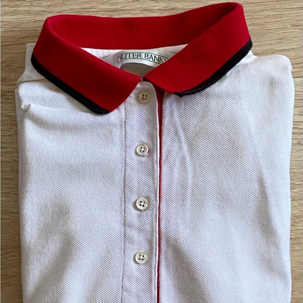 White Women’s Polo Shirt Size S Outer Banks Red & Blue Collar, Sleeve Trim